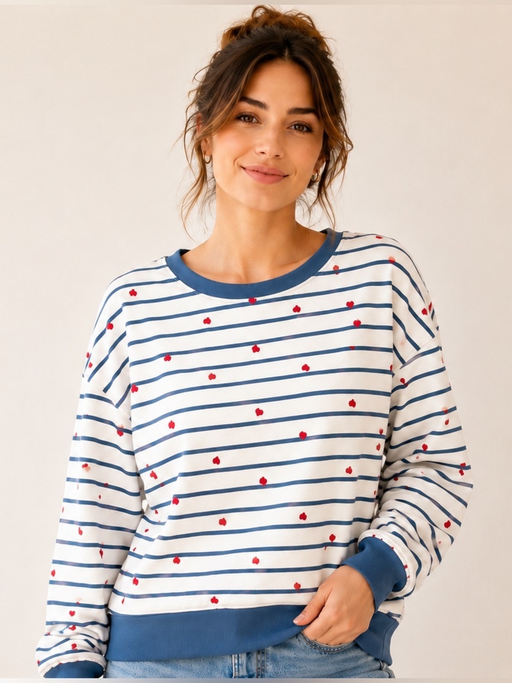 Pact Organic Cotton Heart Stripe Fleece Sweatshirt | Blue Ivory | XL